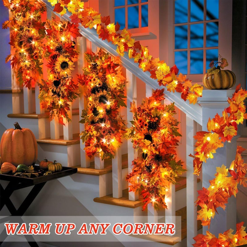 HINZER 4 Pack Fall Decor Garland - Fall Thanksgiving Decorations for Home - 23.6Ft Maple Leaves Garland with Lights Battery Operated for Mantle Fireplace Table Indoor Outdoor Autumn Halloween Christmas Decor - Image 2